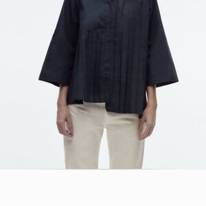 ZARA Navy Asymmetrical Pleated Button Up Shirt Size Medium